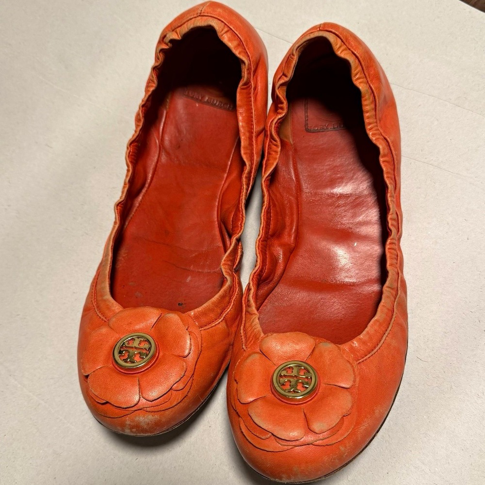 Tory Burch Laney Ballet Flats Size 10 Coral Orange Leather Flower Logo
